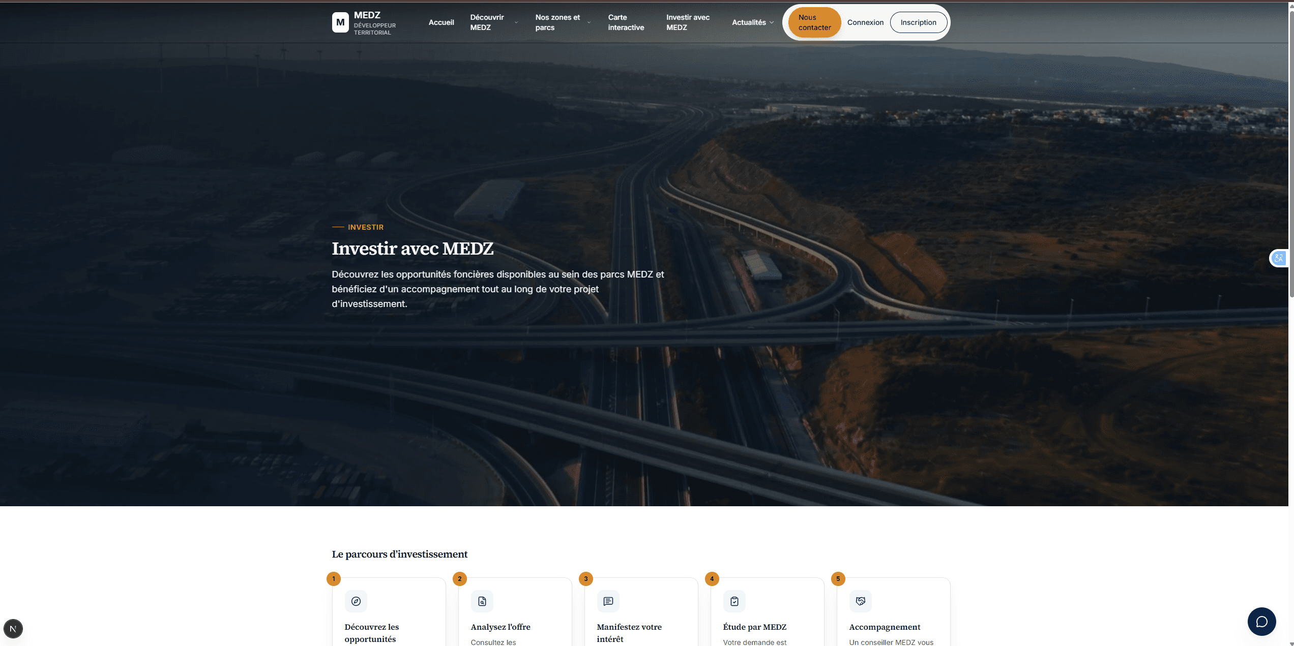 MEDZ web platform: Investir avec MEDZ page with navigation, hero section and the investment journey steps